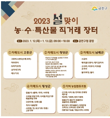 1월 12일부터 13일까지 금천구청 광장에서 개최하는 ‘설맞이 자매도시 농‧수‧특산물 직거래 장터’ 홍보물