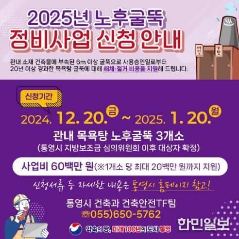 통영시, 목욕탕 노후굴뚝 철거비용 50% 지원