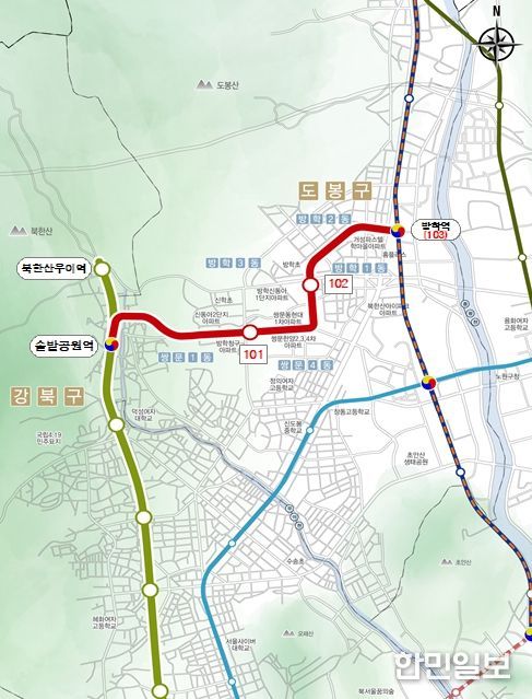 우이신설 연장선 도시철도 노선도(정거장 위치 등은 개략적인 것이며 향후 사업계획 수립, 공사 단계 등에서 조정될 수 있음)