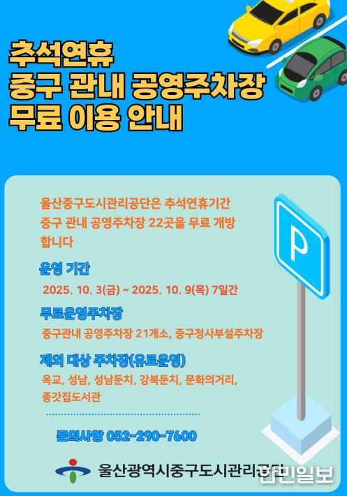 추석 연휴 중구 지역 공영주차장 22곳 무료 개방