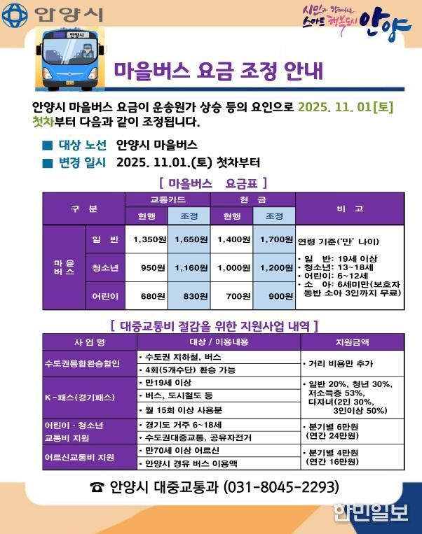 안양시, 내달 1일부터 마을버스 요금 ‘일반 1,650원’으로 인상