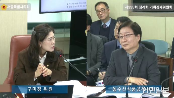 구미경의원이 행정사무감사에서 서울농수산식품공사를 대상으로 질의를 하고 있다.