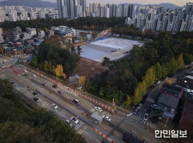 동명근린공원 지하주차장 공사 사진(드론 촬영)