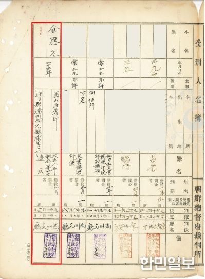 김응윤선생수형인명부(국가기록원제공,부산지방법원마산지청,1920.4.13.)