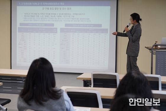 이선정 인천시사회서비스원 정책연구실 연구위원이 지난 3일 인천사서원 대회의실에서 인천시 지역사회보장조사 중간 보고를 하고 있다.