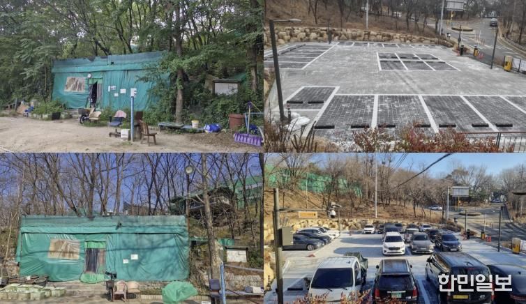 서울 성북구가 40년 불법 점유를 뿌리 뽑고 개운산을 구민에게 돌려주었다. 사진은 지역 주민의 숙원이었던 ‘개운산근린공원 공영주차장’ 조성 전(왼쪽)과 후(오른쪽). 불법 점유물을 정리해 총 26면의 주차장을 조성했다. 현재 임시개방 중이며 2026년부터 정식 운영한다.