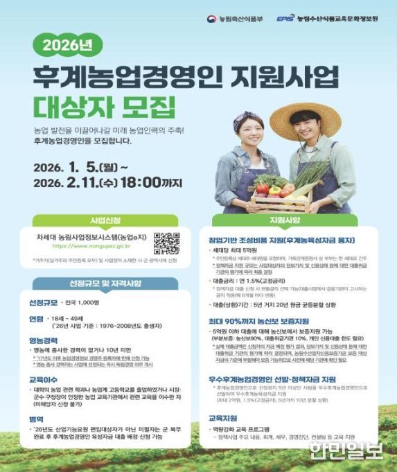 ‘2026년 후계농업경영인 지원사업’ 대상자 모집 안내문