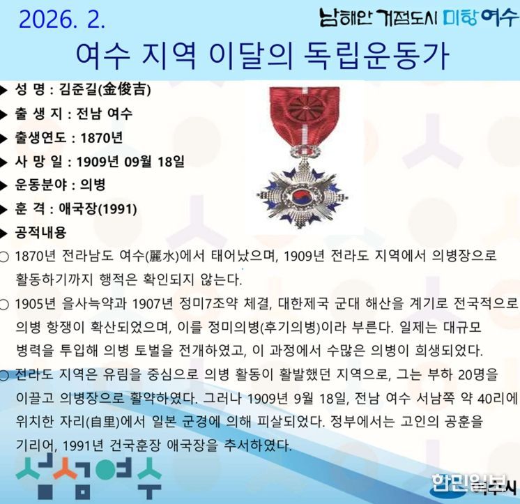 여수시는 2026년 2월의 독립운동가로 여수 출신 ‘김준길(金俊吉)’ 선생을 선정했다.