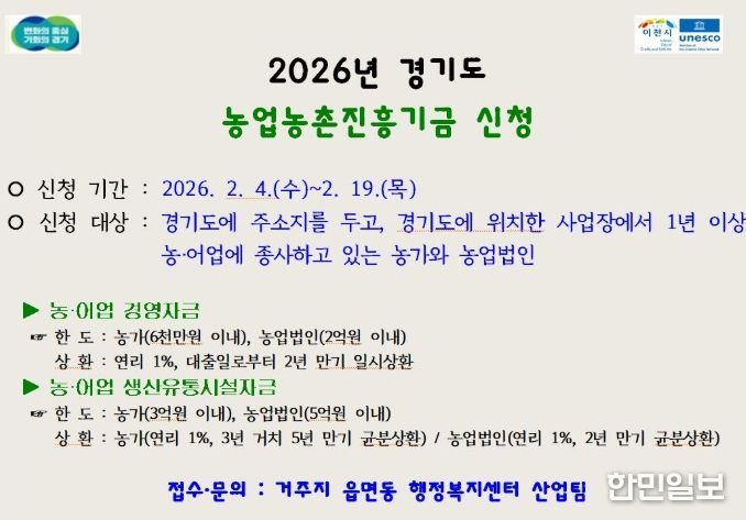 2026년도 경기도 농업농촌진흥기금 지원사업 신청·접수