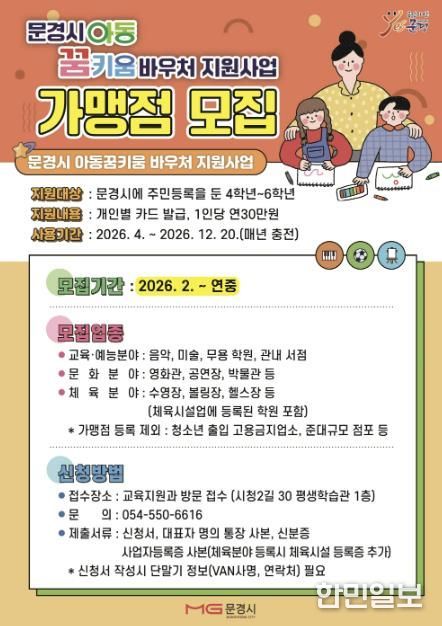 문경시, 아동 예체능 활동 지원 ‘꿈키움 바우처’ 가맹점 모집
