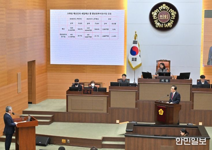 김형재 의원이 2025년 11월 서울시의회 정례회에서 정근식 교육감에게 교육현안 관련 질의를 하고 있다.
