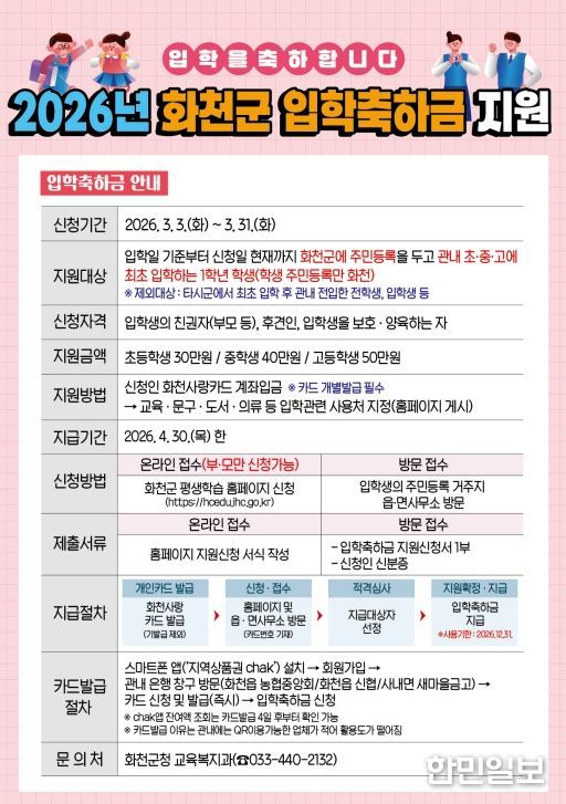 2026년 화천군 입학축하금 지원 안내문