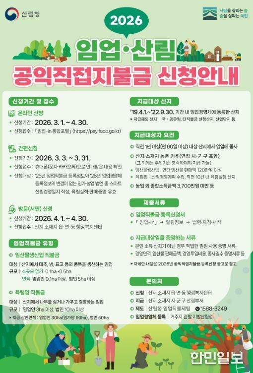 2026년 임업·산림 공익직접직불금 신청 안내 포스터