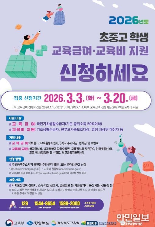 초‧중‧고 학생 교육급여․교육비 집중 신청 기간 운영