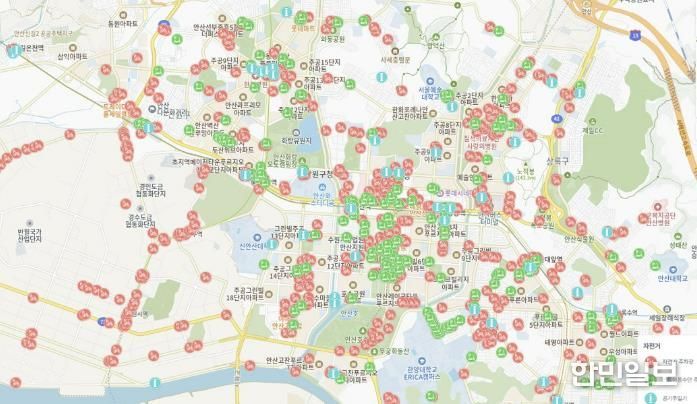 안산시 생활정보지도에 표시된 '자전거 편의시설 위치정보' 사진