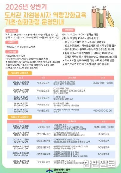 중구, ‘도서관 자원봉사자 역량 강화 교육’ 참여자 모집