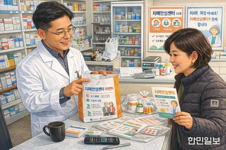 경주시 치매안심센터가 약국 122곳과 협력해 치매환자 지원서비스 홍보에 나선 가운데, 약사가 약제봉투에 담긴 안내문을 통해 치매안심센터 지원 정보를 설명하고 있다