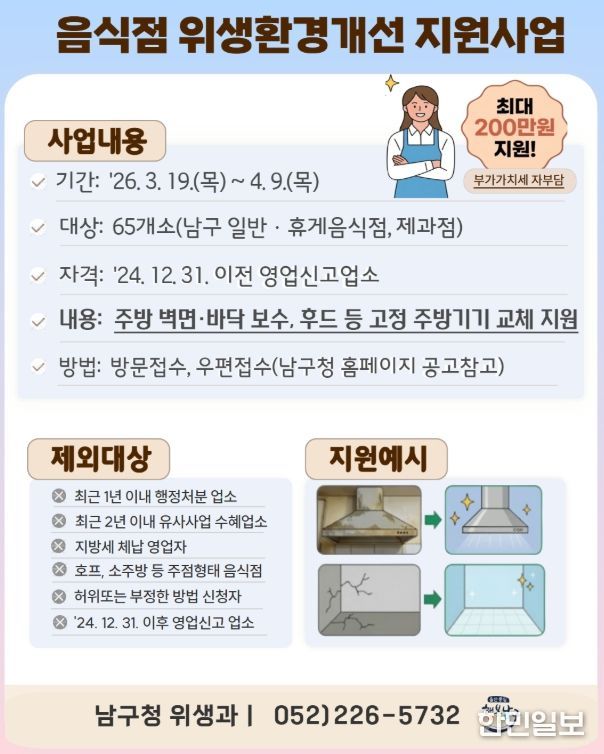 남구 음식점 위생환경개선 최대 200만원 지원