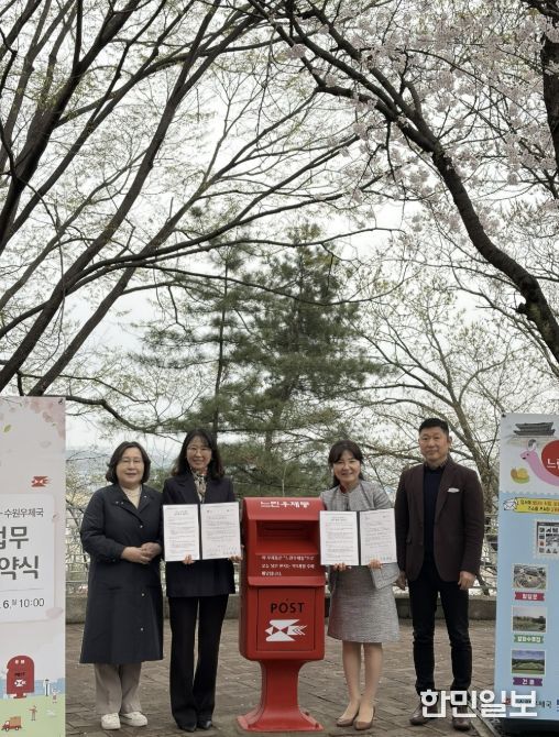 협약식 참석자들이 느린우체통 앞에서 기념촬영을 하고 있다.
