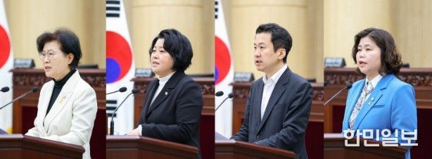 안산시의회가 8일 본회의장에서 제302회 임시회 제2차 본회의를 열고 시정질문과 5분 자유발언을 진행했다. 사진 왼쪽부터 이날 시정질문에 임한 박은경 의원과 5분 자유발언에 나선 김진숙 송바우나 박은정 의원의 모습.