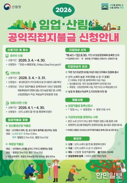 2026년 임업·산림 공익직불금 대면 신청 접수