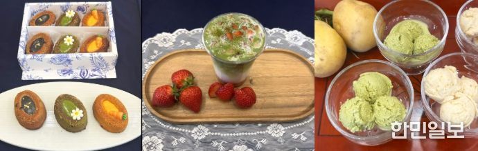 보성군, ‘제49회 보성다향대축제’ 먹거리 시식회 개최_축제장 먹거리 부스 디저트(녹차로만든 빵, 말차딸기라떼, 녹차젤라또)